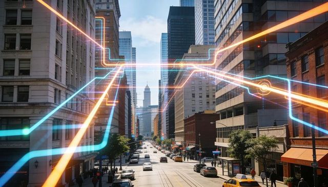 Downtown avenue with glowing neon data streams arcing over cityscape, smart city network