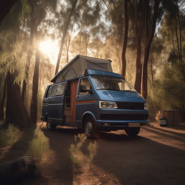 Blue camper van with trees in the background in forest created using generative ai technology. Transport, travel and camping concept digitally generated image.