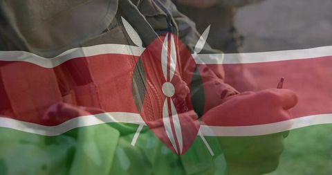 Writing Travel Journal with Kenyan Flag Overlay Featuring Maasai Shield and Backpack