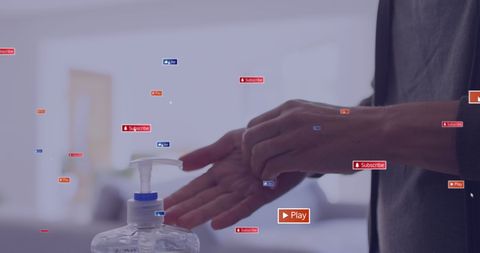 Caucasian woman disinfecting hands amid social media notifications