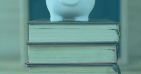 Stacked hardcover books with white piggy bank promoting financial literacy and saving
