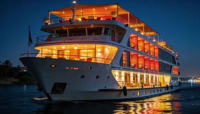 Luxury river cruise ship cruising at dusk, illuminated multi-decks and water reflections