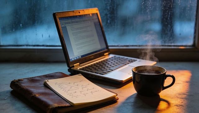 Cozy laptop workspace steaming coffee handwritten notes glowing screen by rainy window
