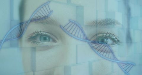 Futuristic female face with dna helix overlay and 3d tile grid for biotech interface