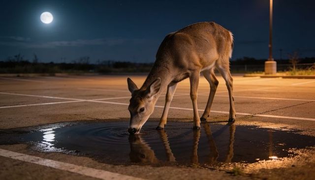 Urban deer drinking from puddle in moonlit parking lot with streetlight reflection