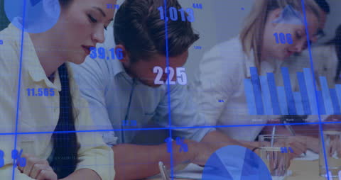 Business Professionals Analyzing Data with Digital Overlay