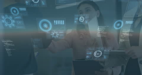 Businesspeople Engaging with Futuristic Digital Interfaces