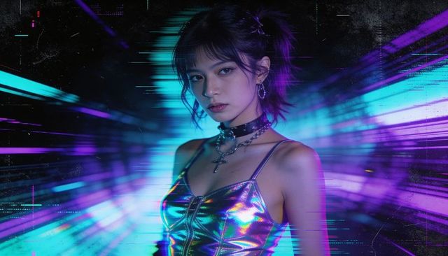 Neon Cyberpunk Asian Woman Wearing Holographic Metallic Top and Cross Choker