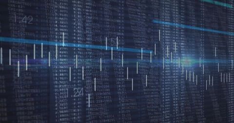 Dark finance dashboard showing cyan trend line and candlestick analytics overlay