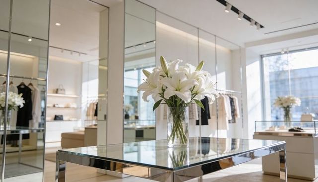 Luxury boutique display featuring white lily bouquet on glass table with chrome accents