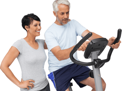Positive couple shopping fitness gear in transparent image