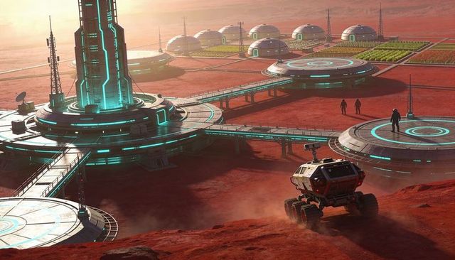 Exploration rover driving toward domed Mars colony with glowing teal hubs and greenhouses