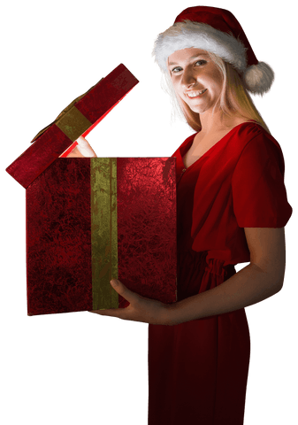 Transparent image festive woman opening gift in santa hat