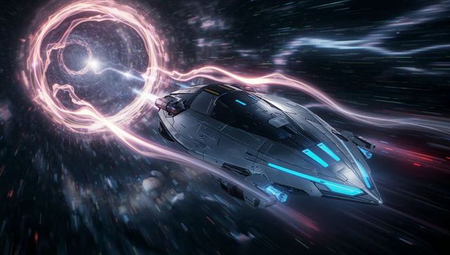 Futuristic spaceship navigating wormhole in deep space