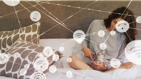 Woman Enjoying Peaceful Morning with Cat and Digital Network Overlay