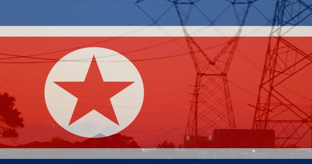 North Korea Flag Overlay on Electric Pylons and Power Lines - Download Free Stock Images Pikwizard.com