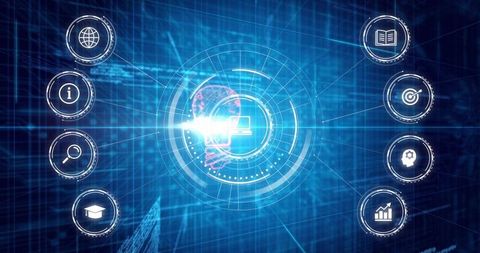 Holographic Cyber HUD Connecting Laptop and Brain Icons on Digital Network Interface