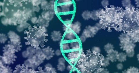 Dna strand with floating virus models on blue background