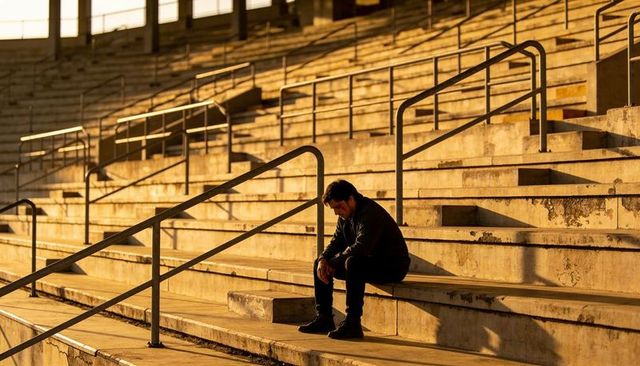 Solitary man sitting on concrete stadium bleachers during golden hour with dramatic lines