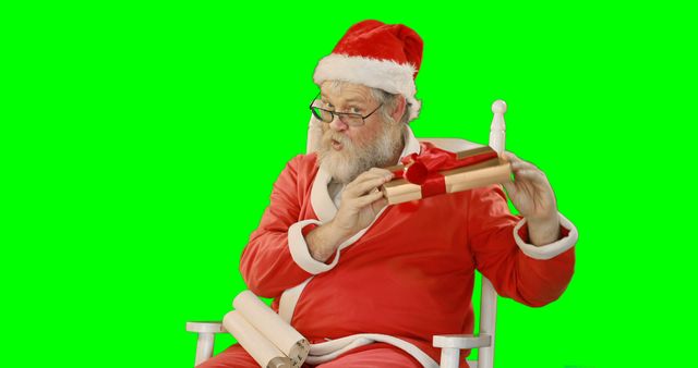 Santa Claus, dressed in the iconic red suit and hat, is seen holding a wrapped gift while presenting it. He is sitting on a chair, radiating seasonal joy and cheer. The green screen background makes it easy for editors to replace it with any desired festive or winter scene. This can be used for holiday marketing, Christmas cards, advertisements, or as part of a festive promotion.