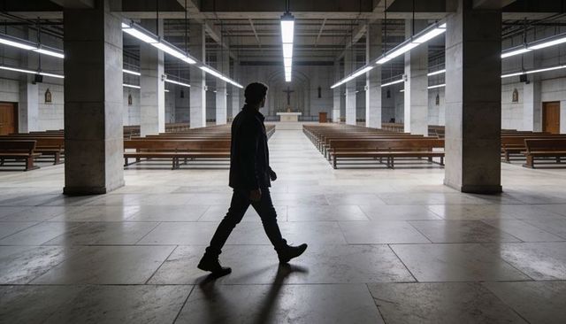Silhouetted man walking down empty church nave aisle with stark overhead lighting