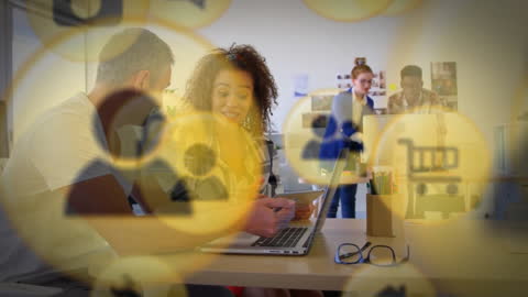 Animated Data Flow with Diverse Team Collaborating in Modern Office