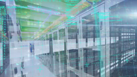 Digital Hands Overlayered on Data Server Room