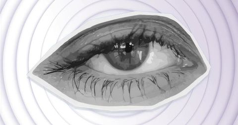 Monochrome eye cutout on lavender concentric ripples, modern abstract vision and neurotech concept