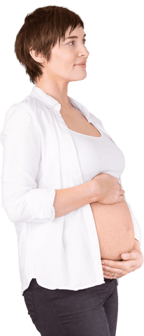 Transparent pregnant woman thoughtfully holding belly in profile view
