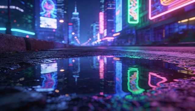 Neon city reflections: rain-soaked avenue reflecting vibrant neon signs and urban glow