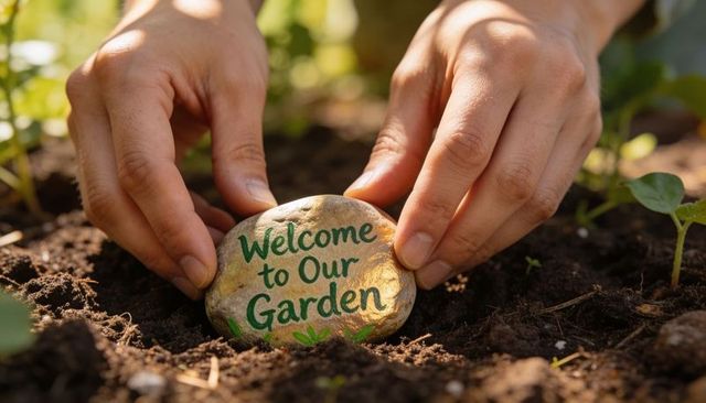 Hands placing welcome to our garden painted stone in soil with seedlings and sunlight