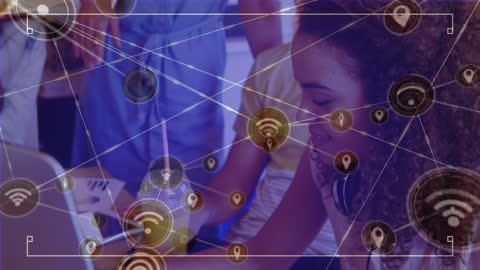 Tech-Savvy Woman Working on Laptop with Digital Network Overlay