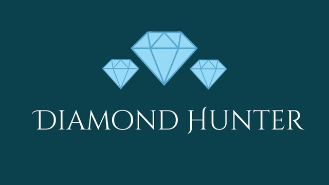 This modern logo design features blue cut gemstones and the text 'Diamond Hunter' in elegant white typography on a dark blue background, making it suitable for businesses in the jewelry, luxury goods, or branding industries. Ideal for use in company logos, marketing materials, and online presence.