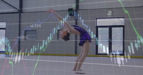 Figure skater performing with stock market data overlay