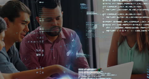 Team Collaboration with Digital Coding Interface in Modern Office
