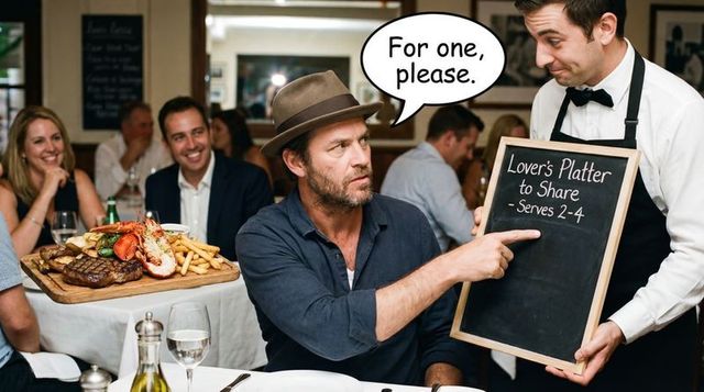 Man pointing to chalkboard menu while ordering lover's platter in busy restaurant
