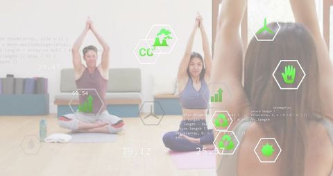 Bright studio yoga trio practicing with augmented reality wellness overlays and metrics