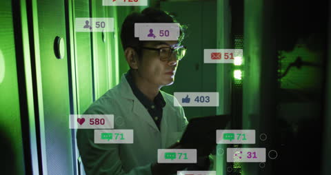 Engineer Monitoring Data in Server Room with Social Media Graphics