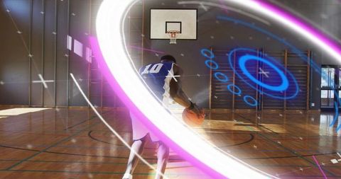 Basketball Player Dribbling With Futuristic Neon Lights in Gym