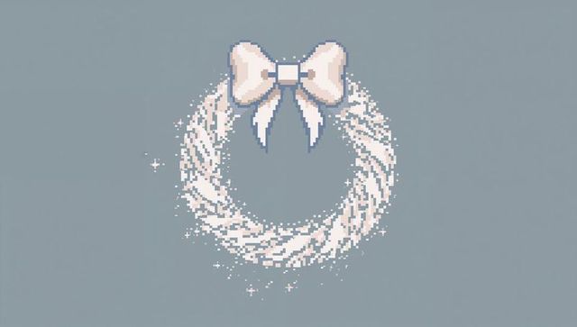 Pixel-art pastel wreath with pale bow and sparkling glitter on muted blue-gray canvas