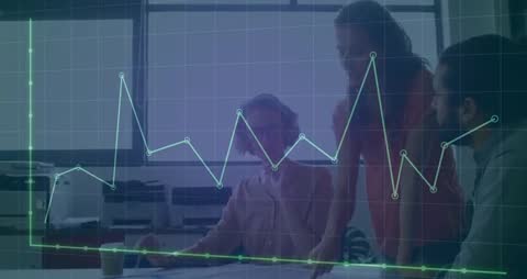 Business Team Collaborating with Interactive Line Chart Overlay