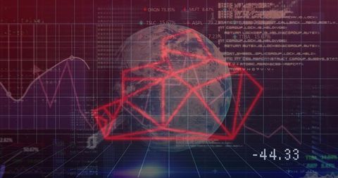 Rotating holographic globe with neon red network, financial charts and cyber dashboard
