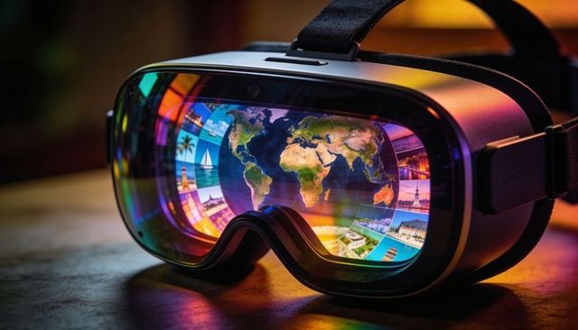 Virtual reality travel headset projecting world map and travel icons with rainbow reflections