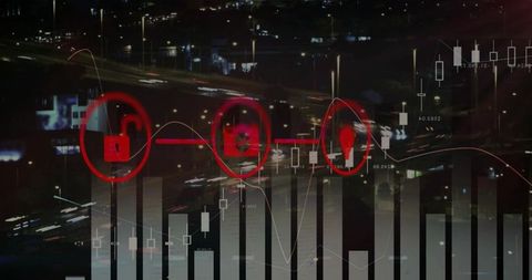 Night city data visualization showing candlestick charts, neon light trails, security alerts