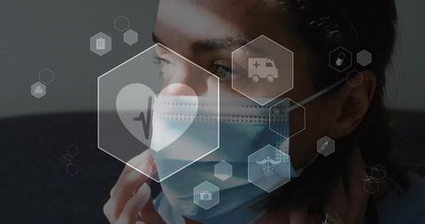 Woman holding surgical mask and touching chin with hexagonal medical hud overlay