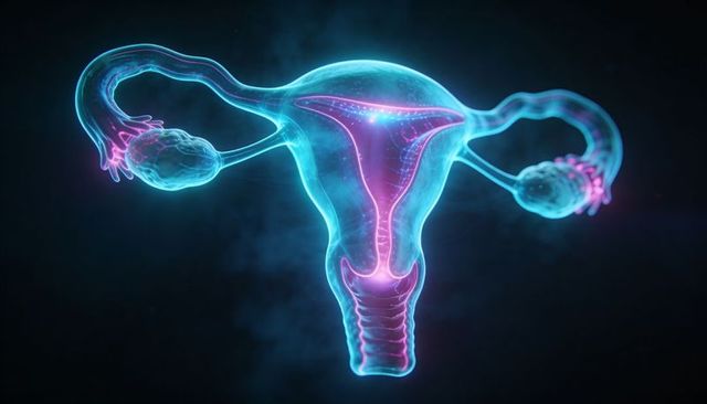 Floating neon reproductive system displaying uterus cervix fallopian tubes translucent ovaries