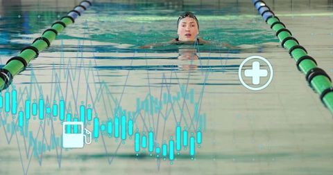 Swimmer tracking performance with digital analytics overlay in lap pool