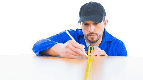 Caucasian male worker measuring table on transparent background