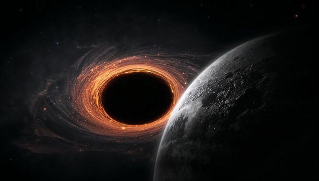Black hole with swirling accretion disk near cratered moon