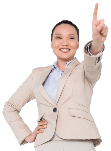 Confident Asian Businesswoman Pointing Up Transparent Background